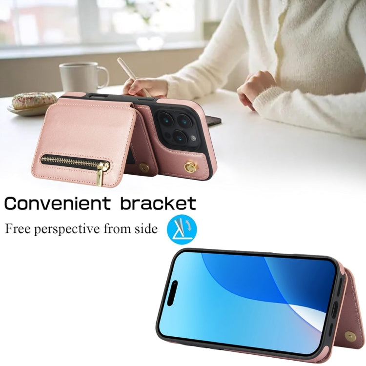 For iPhone 16 Pro YM006 Skin Feel Zipper Card Bag Phone Case with Dual Lanyard(Rose Gold)