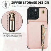 For iPhone 16 Pro YM006 Skin Feel Zipper Card Bag Phone Case with Dual Lanyard(Rose Gold)