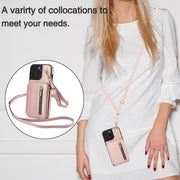 For iPhone 16 Pro YM006 Skin Feel Zipper Card Bag Phone Case with Dual Lanyard(Rose Gold)