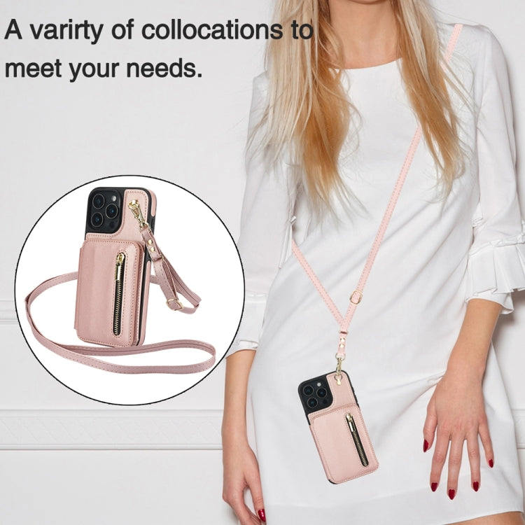 For iPhone 16 Pro YM006 Skin Feel Zipper Card Bag Phone Case with Dual Lanyard(Rose Gold)