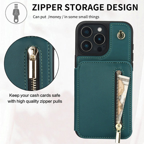For iPhone 16 Pro YM006 Skin Feel Zipper Card Bag Phone Case with Dual Lanyard(Green)
