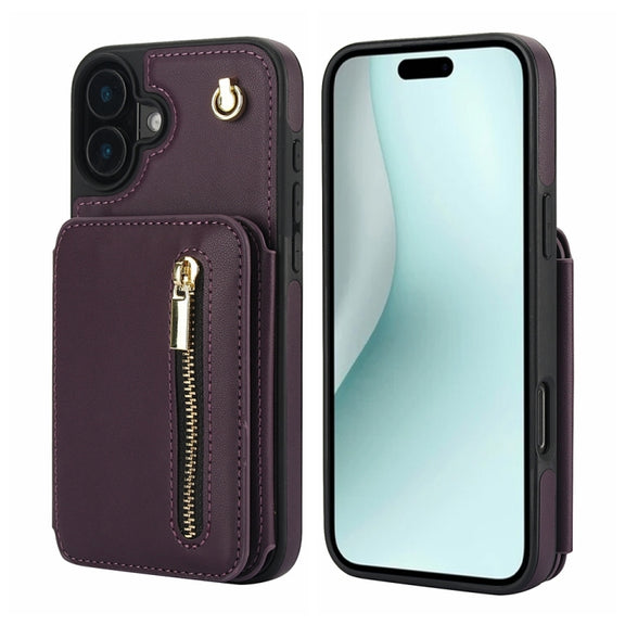 For iPhone 16 Plus YM006 Skin Feel Zipper Card Bag Phone Case with Dual Lanyard(Dark Purple)