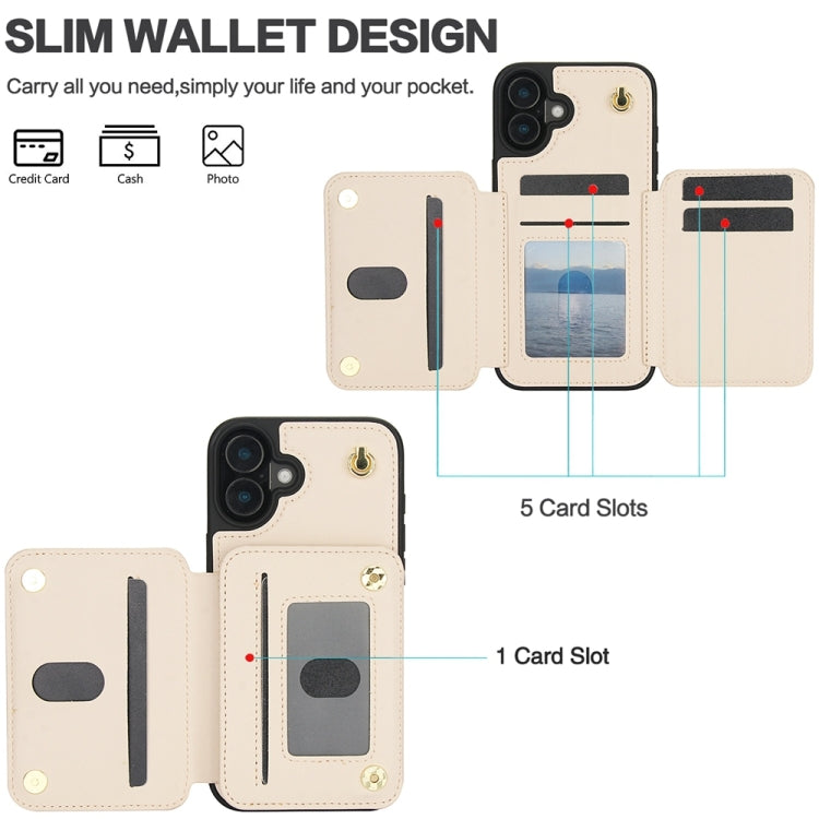 For iPhone 16 Plus YM006 Skin Feel Zipper Card Bag Phone Case with Dual Lanyard(Apricot)