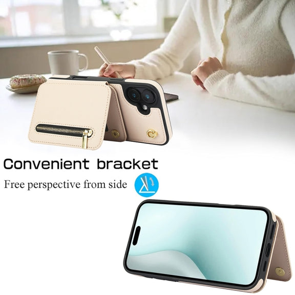 For iPhone 16 Plus YM006 Skin Feel Zipper Card Bag Phone Case with Dual Lanyard(Apricot)