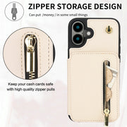 For iPhone 16 Plus YM006 Skin Feel Zipper Card Bag Phone Case with Dual Lanyard(Apricot)