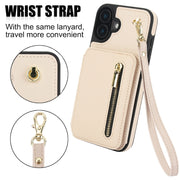 For iPhone 16 Plus YM006 Skin Feel Zipper Card Bag Phone Case with Dual Lanyard(Apricot)