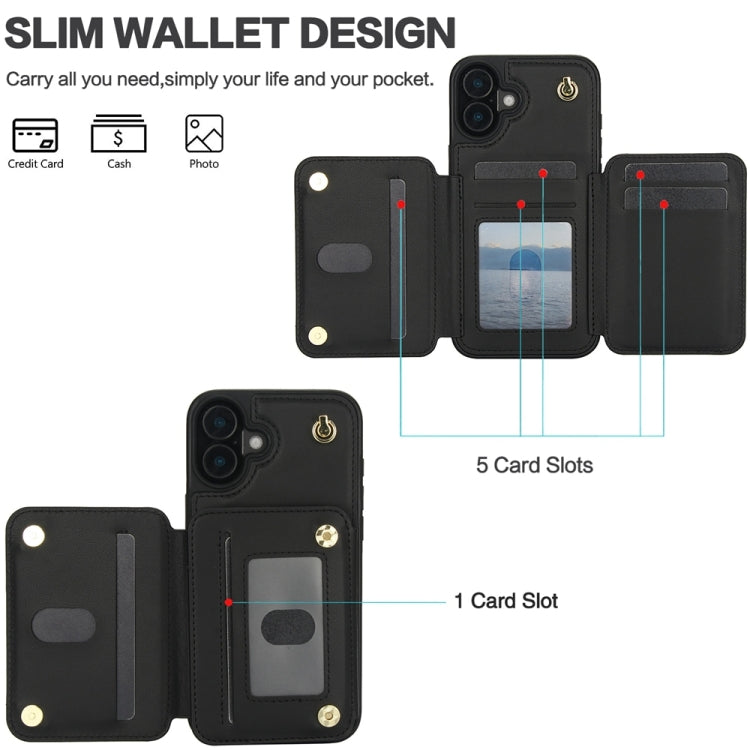 For iPhone 16 Plus YM006 Skin Feel Zipper Card Bag Phone Case with Dual Lanyard(Black)
