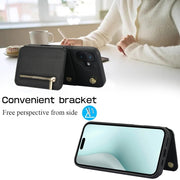 For iPhone 16 Plus YM006 Skin Feel Zipper Card Bag Phone Case with Dual Lanyard(Black)