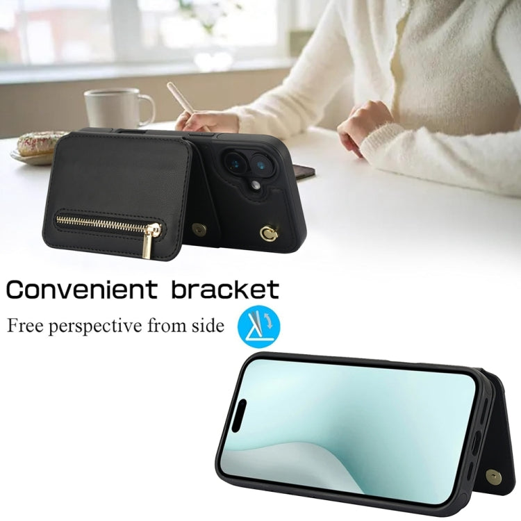 For iPhone 16 Plus YM006 Skin Feel Zipper Card Bag Phone Case with Dual Lanyard(Black)