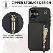 For iPhone 16 Plus YM006 Skin Feel Zipper Card Bag Phone Case with Dual Lanyard(Black)