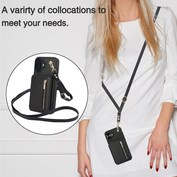 For iPhone 16 Plus YM006 Skin Feel Zipper Card Bag Phone Case with Dual Lanyard(Black)