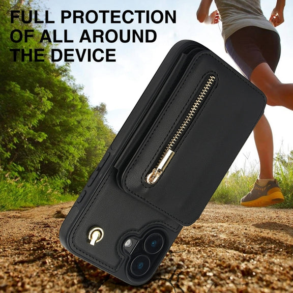For iPhone 16 Plus YM006 Skin Feel Zipper Card Bag Phone Case with Dual Lanyard(Black)