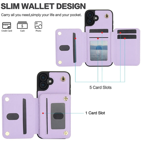 For iPhone 16 Plus YM006 Skin Feel Zipper Card Bag Phone Case with Dual Lanyard(Light Purple)