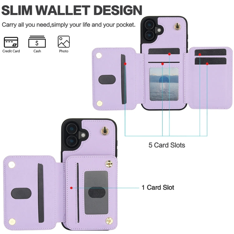 For iPhone 16 Plus YM006 Skin Feel Zipper Card Bag Phone Case with Dual Lanyard(Light Purple)