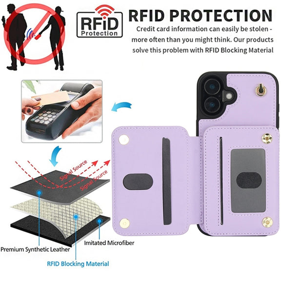 For iPhone 16 Plus YM006 Skin Feel Zipper Card Bag Phone Case with Dual Lanyard(Light Purple)