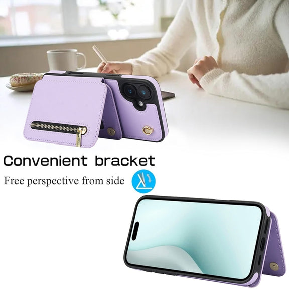 For iPhone 16 Plus YM006 Skin Feel Zipper Card Bag Phone Case with Dual Lanyard(Light Purple)