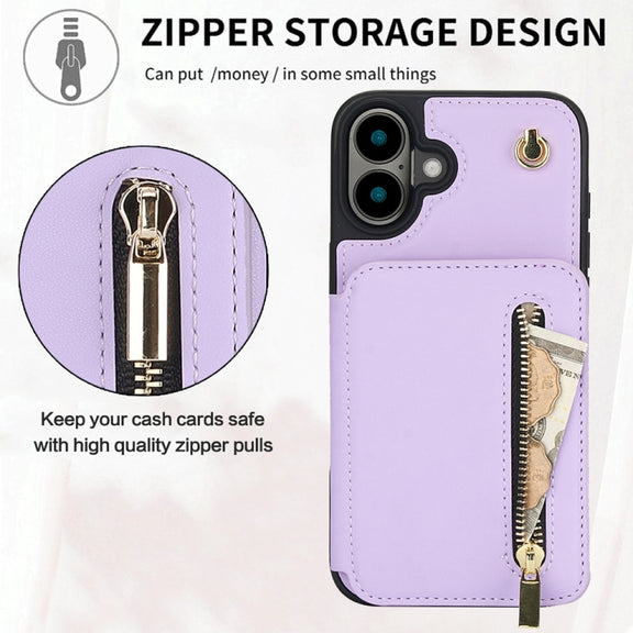 For iPhone 16 Plus YM006 Skin Feel Zipper Card Bag Phone Case with Dual Lanyard(Light Purple)