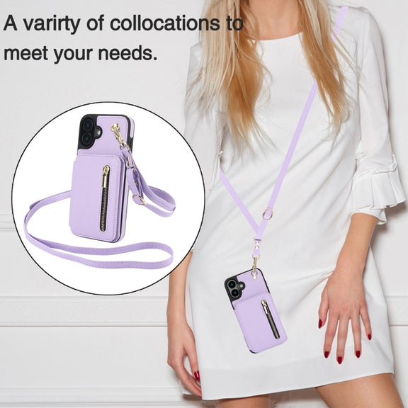 For iPhone 16 Plus YM006 Skin Feel Zipper Card Bag Phone Case with Dual Lanyard(Light Purple)