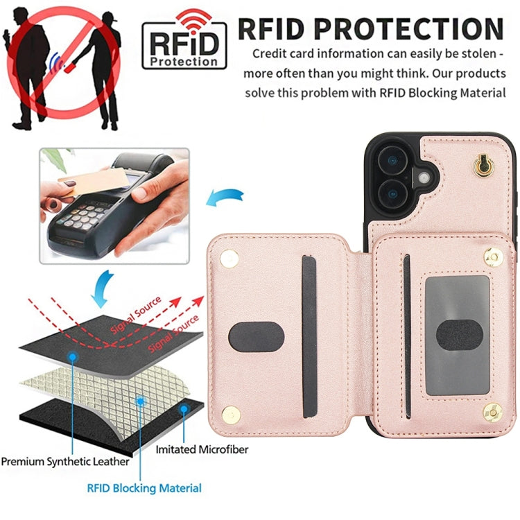 For iPhone 16 Plus YM006 Skin Feel Zipper Card Bag Phone Case with Dual Lanyard(Rose Gold)