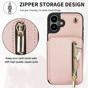 For iPhone 16 Plus YM006 Skin Feel Zipper Card Bag Phone Case with Dual Lanyard(Rose Gold)