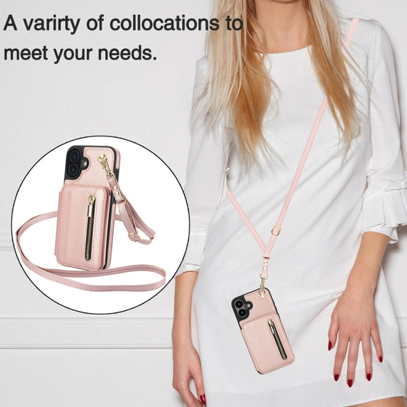 For iPhone 16 Plus YM006 Skin Feel Zipper Card Bag Phone Case with Dual Lanyard(Rose Gold)
