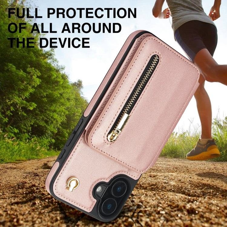 For iPhone 16 Plus YM006 Skin Feel Zipper Card Bag Phone Case with Dual Lanyard(Rose Gold)