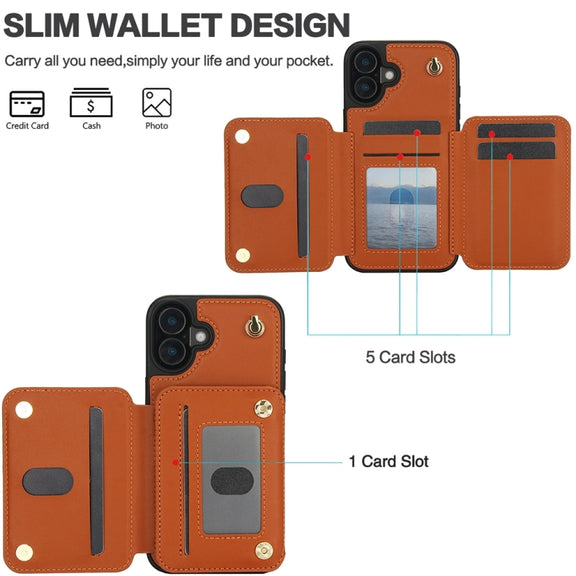 For iPhone 16 Plus YM006 Skin Feel Zipper Card Bag Phone Case with Dual Lanyard(Brown)