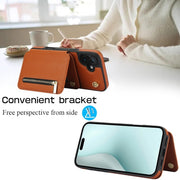 For iPhone 16 Plus YM006 Skin Feel Zipper Card Bag Phone Case with Dual Lanyard(Brown)
