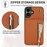 For iPhone 16 Plus YM006 Skin Feel Zipper Card Bag Phone Case with Dual Lanyard(Brown)