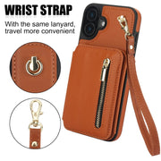 For iPhone 16 Plus YM006 Skin Feel Zipper Card Bag Phone Case with Dual Lanyard(Brown)