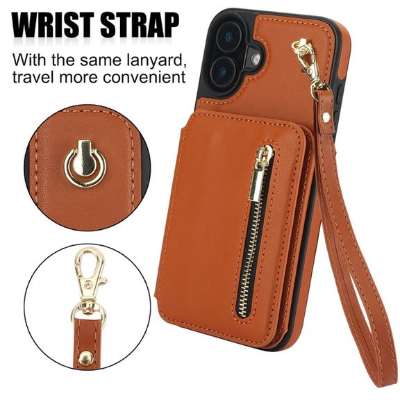 For iPhone 16 Plus YM006 Skin Feel Zipper Card Bag Phone Case with Dual Lanyard(Brown)