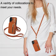 For iPhone 16 Plus YM006 Skin Feel Zipper Card Bag Phone Case with Dual Lanyard(Brown)