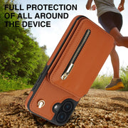 For iPhone 16 Plus YM006 Skin Feel Zipper Card Bag Phone Case with Dual Lanyard(Brown)