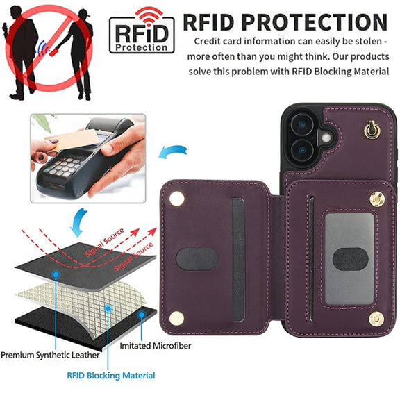 For iPhone 16 YM006 Skin Feel Zipper Card Bag Phone Case with Dual Lanyard(Dark Purple)