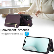 For iPhone 16 YM006 Skin Feel Zipper Card Bag Phone Case with Dual Lanyard(Dark Purple)