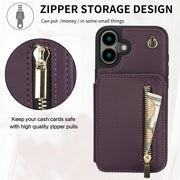 For iPhone 16 YM006 Skin Feel Zipper Card Bag Phone Case with Dual Lanyard(Dark Purple)