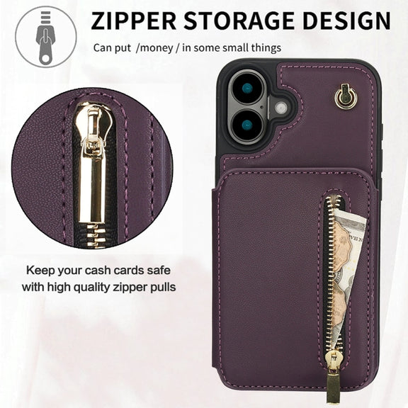 For iPhone 16 YM006 Skin Feel Zipper Card Bag Phone Case with Dual Lanyard(Dark Purple)