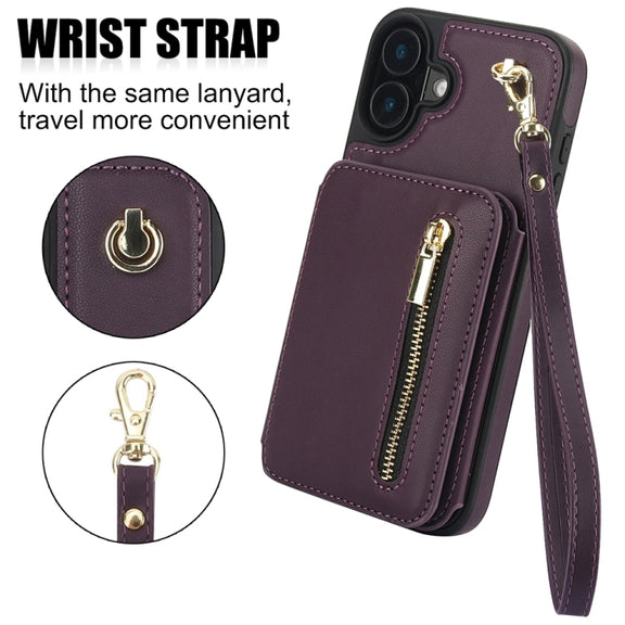 For iPhone 16 YM006 Skin Feel Zipper Card Bag Phone Case with Dual Lanyard(Dark Purple)