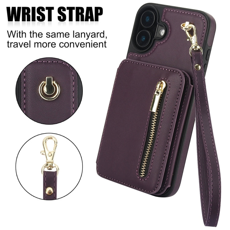 For iPhone 16 YM006 Skin Feel Zipper Card Bag Phone Case with Dual Lanyard(Dark Purple)