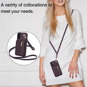 For iPhone 16 YM006 Skin Feel Zipper Card Bag Phone Case with Dual Lanyard(Dark Purple)