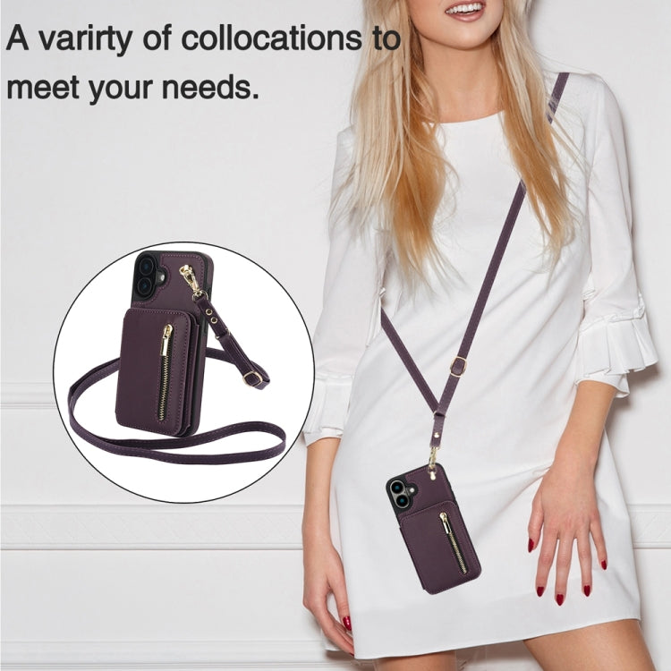 For iPhone 16 YM006 Skin Feel Zipper Card Bag Phone Case with Dual Lanyard(Dark Purple)