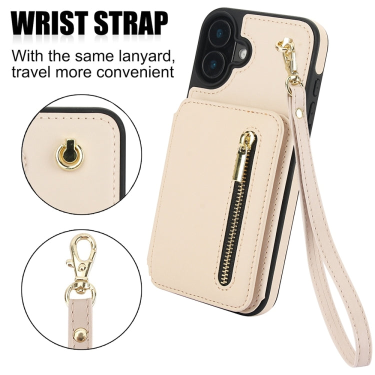 For iPhone 16 YM006 Skin Feel Zipper Card Bag Phone Case with Dual Lanyard(Apricot)