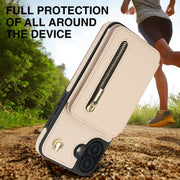 For iPhone 16 YM006 Skin Feel Zipper Card Bag Phone Case with Dual Lanyard(Apricot)