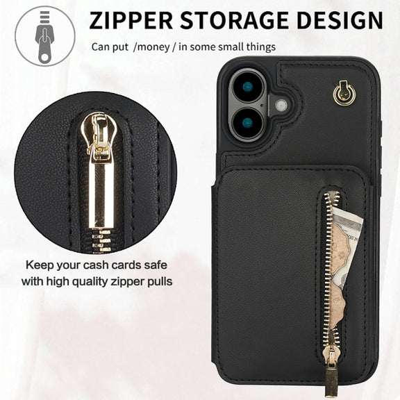 For iPhone 16 YM006 Skin Feel Zipper Card Bag Phone Case with Dual Lanyard(Black)