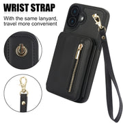 For iPhone 16 YM006 Skin Feel Zipper Card Bag Phone Case with Dual Lanyard(Black)