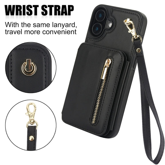 For iPhone 16 YM006 Skin Feel Zipper Card Bag Phone Case with Dual Lanyard(Black)
