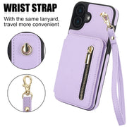 For iPhone 16 YM006 Skin Feel Zipper Card Bag Phone Case with Dual Lanyard(Light Purple)