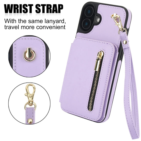 For iPhone 16 YM006 Skin Feel Zipper Card Bag Phone Case with Dual Lanyard(Light Purple)