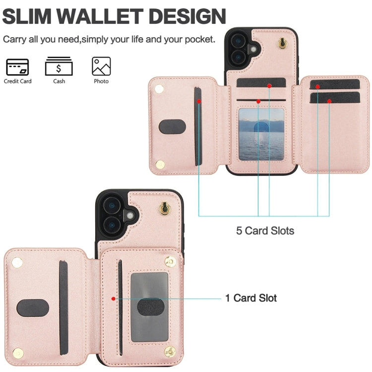 For iPhone 16 YM006 Skin Feel Zipper Card Bag Phone Case with Dual Lanyard(Rose Gold)