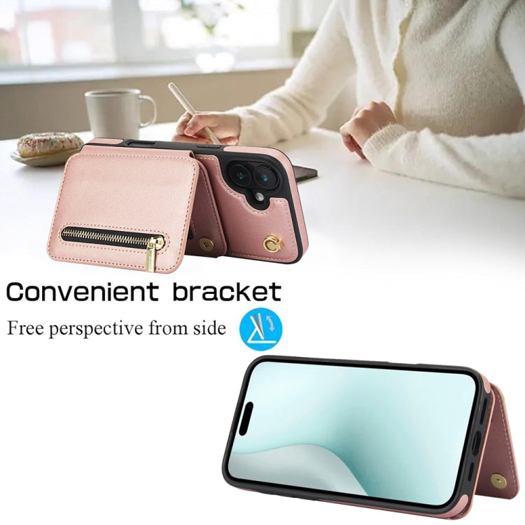 For iPhone 16 YM006 Skin Feel Zipper Card Bag Phone Case with Dual Lanyard(Rose Gold)